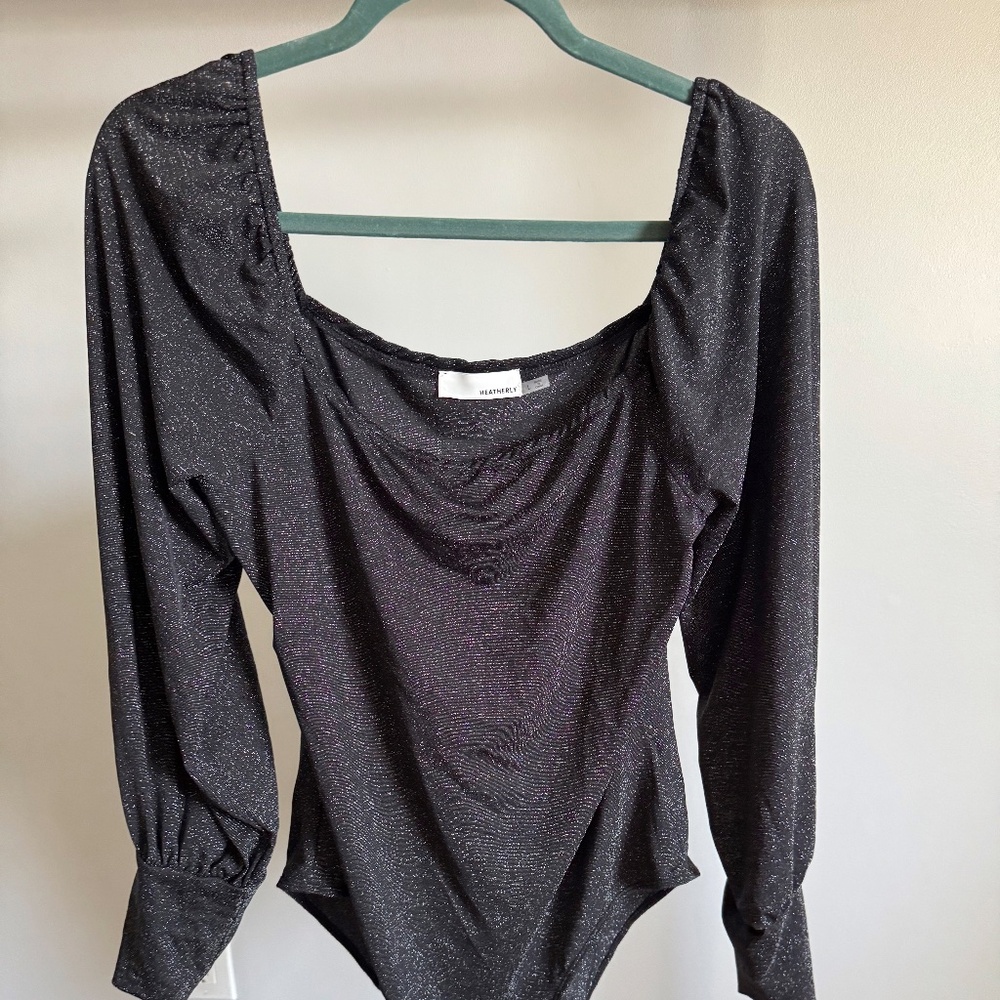 Heatherly Square Neck Shimmer Bodysuit - Black